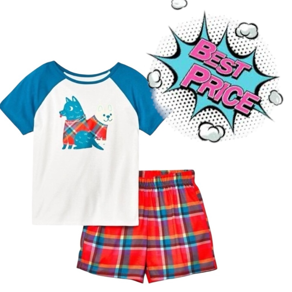 Cat & Jack Kids Unisex 2pc Plaid Dogs Short Sleeve Top Shorts Pajama Set 6/7 NEW